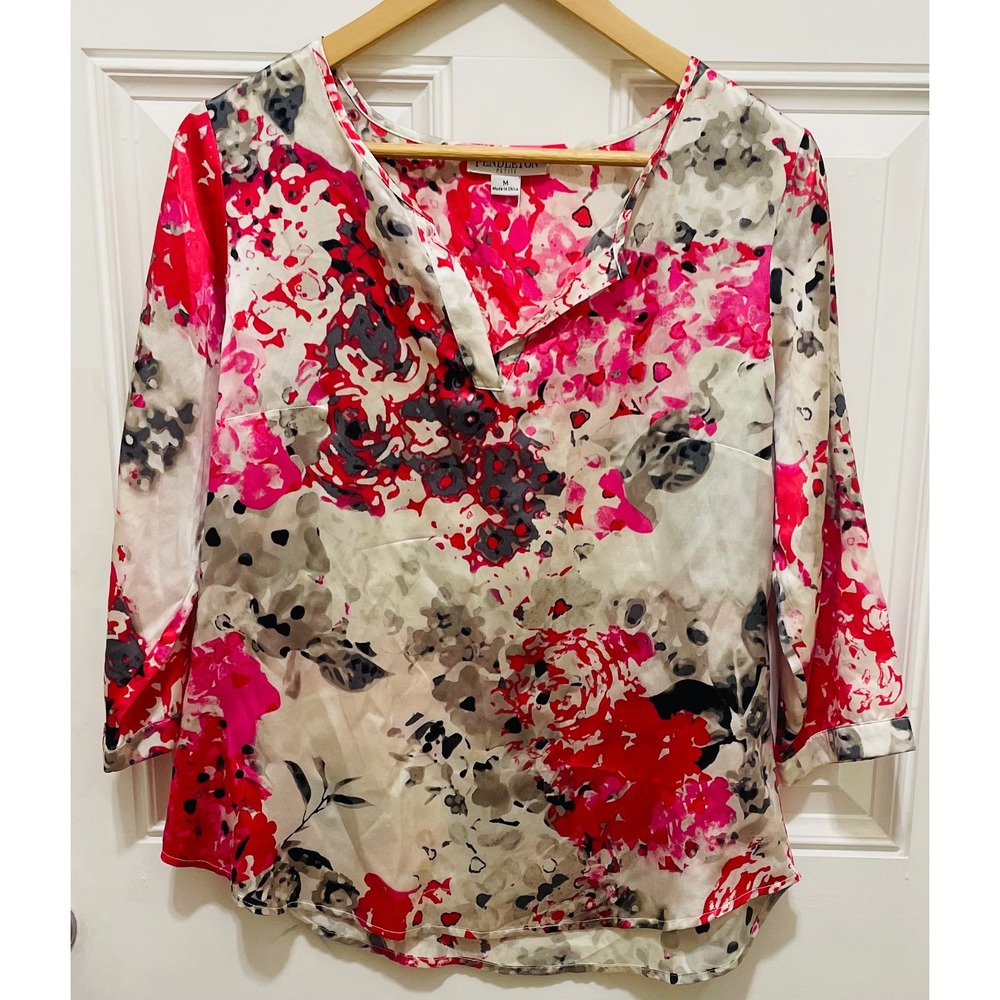 Pendleton Petite Floral Print Silk Blouse 3/4 Sleeve‎ V-Neck Top Size M